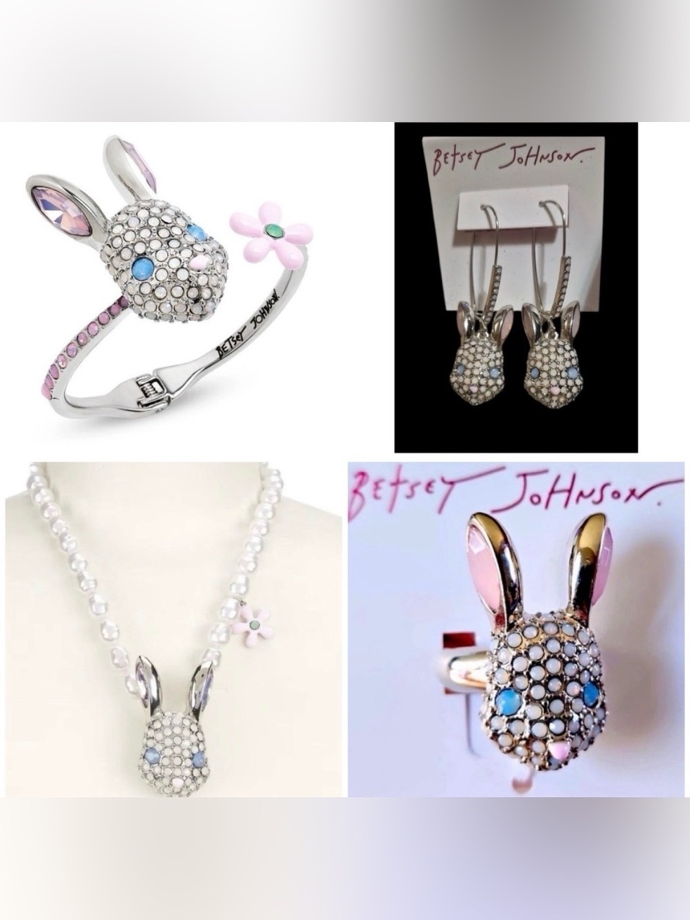 BETSEY JOHNSON SET Easter Spring Bunny Necklace Bracelet Ring & Earrings NEW NWT